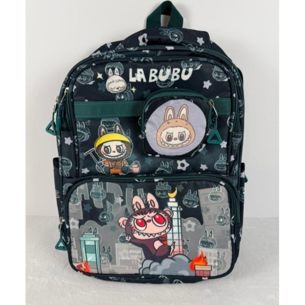 Labubu Character Kids Backpack Black Green School Book Bag w/ Coin Pouch